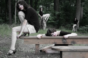 The same woman in multiple poses with different expressions in an outdoor setting