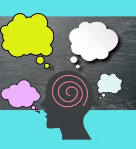 Silhouette of a head surrounded by thought bubbles
