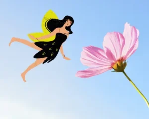 A fairy flying up to a flower