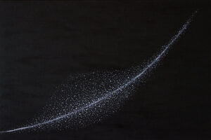 An abstract painting of particles in a curved line resembling the shape of a planet