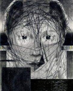 A mural of a woman with pure but strong eyes with black lines drawn haphazardly over her face