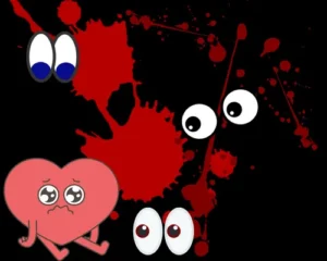 A cartoony heart with sad eyes and floating eyes looking at it with splotches of what appears to be red paint in the background