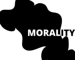 A black and white inkblot with the word morality within it
