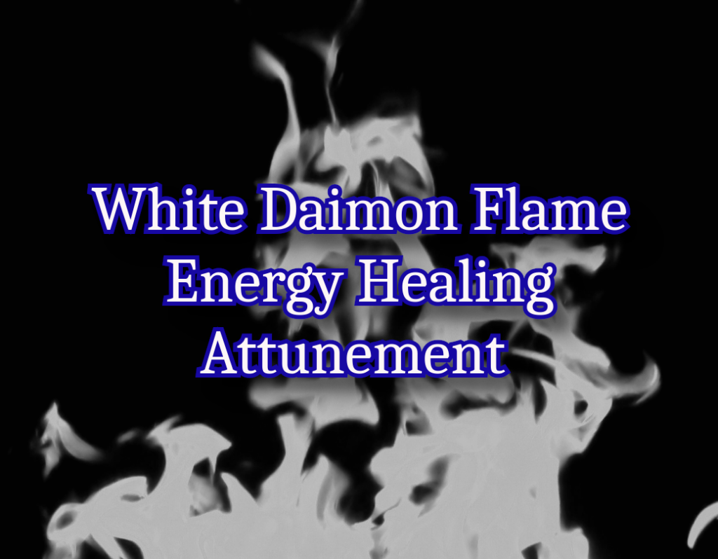 A white flame against a black background with the text "White Daimon Flame Energy Healing Attunement" in the foreground