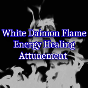 A white flame against a black background with the text "White Daimon Flame Energy Healing Attunement" in the foreground