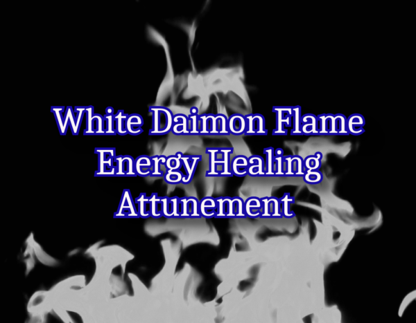 A white flame against a black background with the text "White Daimon Flame Energy Healing Attunement" in the foreground